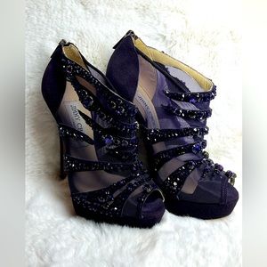 Jimmy Choo Crystal and Suede Mesh Peep-Toe Heels